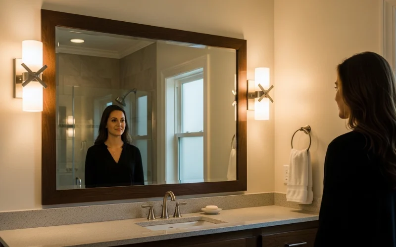Bathroom mirror with two side sconces at eye level, even cross lighting on face.
