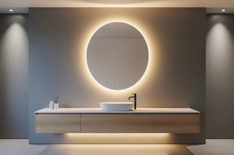 Backlit bathroom mirror with LED halo effect, floating vanity look, modern minimalist bathroom