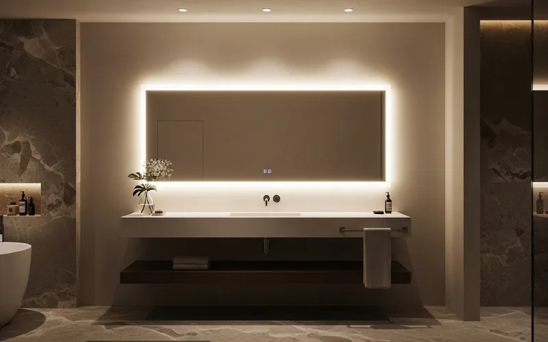 Backlit bathroom mirror with LED strip halo glow, floating vanity, modern luxury bathroom, soft ambient lighting effect.