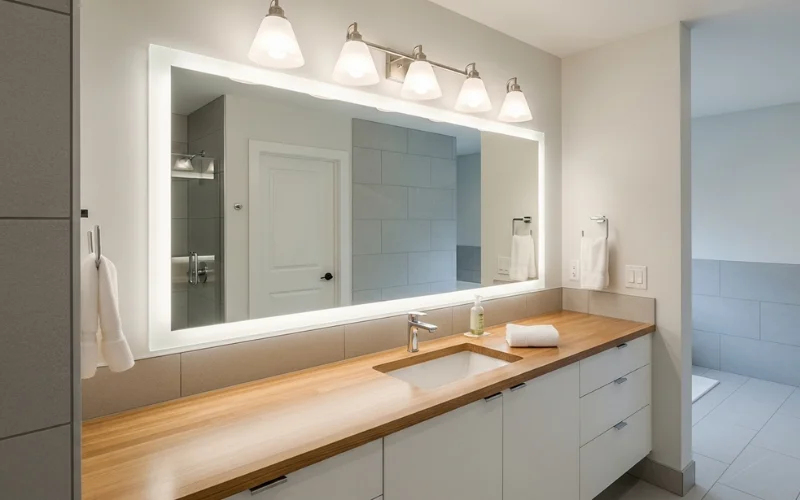 Bright modern bathroom vanity showing ideal lumen brightness, well-lit mirror area.