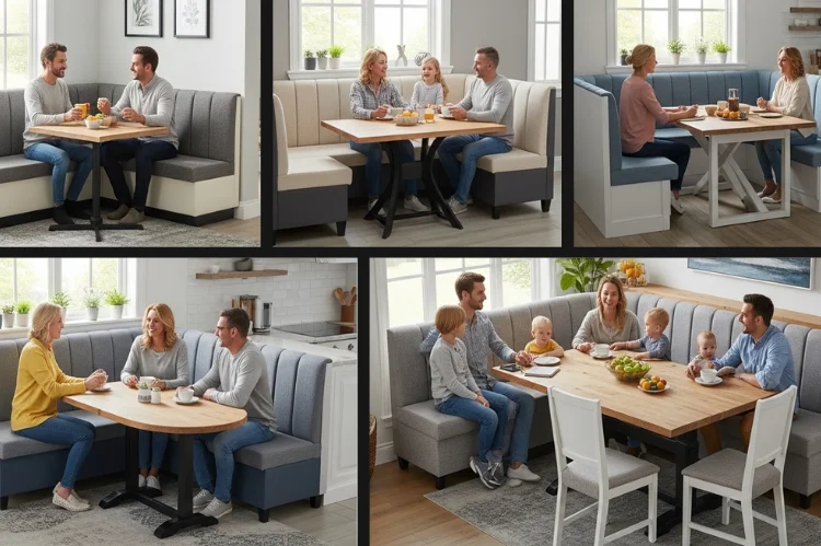 Multiple banquette seating setups in modern kitchens showing 2, 3, and 4 people comfortably seated, plus an L-shaped arrangement.