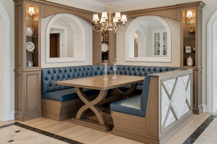 A visual comparison of multiple banquette setups with price tags overlay: DIY, IKEA hack, pre-made, modular, simple custom.
