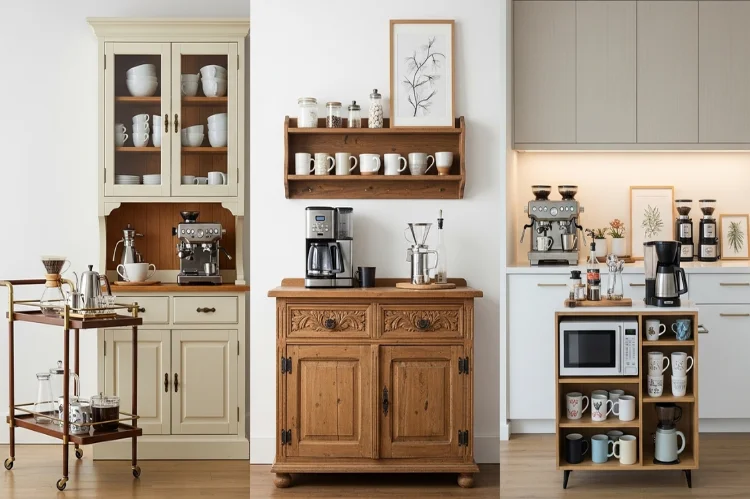 Different types of coffee bar cabinets displayed side by side: bar cart, hutch cabinet, buffet, built-in coffee station, various price ranges.