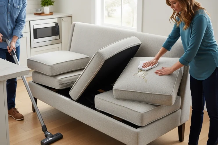 Modern banquette bench with removable cushions being vacuumed, person blotting a spill with cloth, cushions rotated.