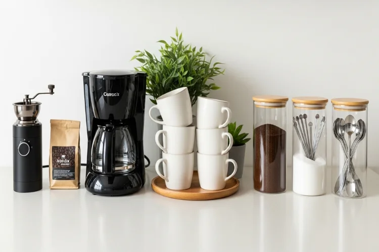 A step-by-step coffee station setup on a kitchen counter, coffee maker, grinder, mugs, storage jars, trays, small plants.