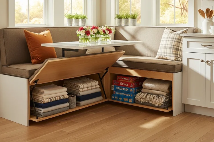A kitchen banquette seating with lift-up storage open, showing neatly organized table linens, board games, and blankets.