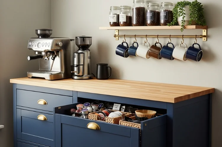 An IKEA cabinet converted into a custom coffee bar, DIY makeover, painted cabinet, upgraded hardware, budget-friendly stylish coffee station