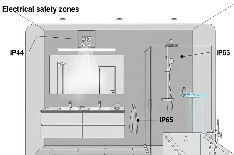 Diagram showing bathroom zones (vanity, shower, tub) labeled with recommended IP44 and IP65 rating