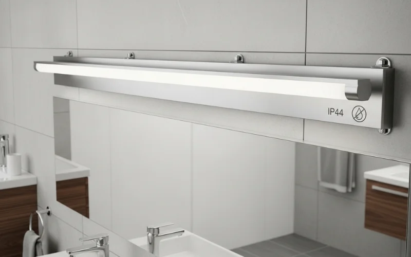 Close up of IP44 rated bathroom light fixture, water resistant design.