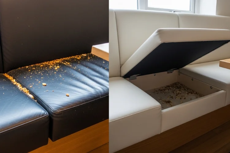 Banquette seating with crumbs trapped between fixed cushions and seat base, contrasted with a well-designed.