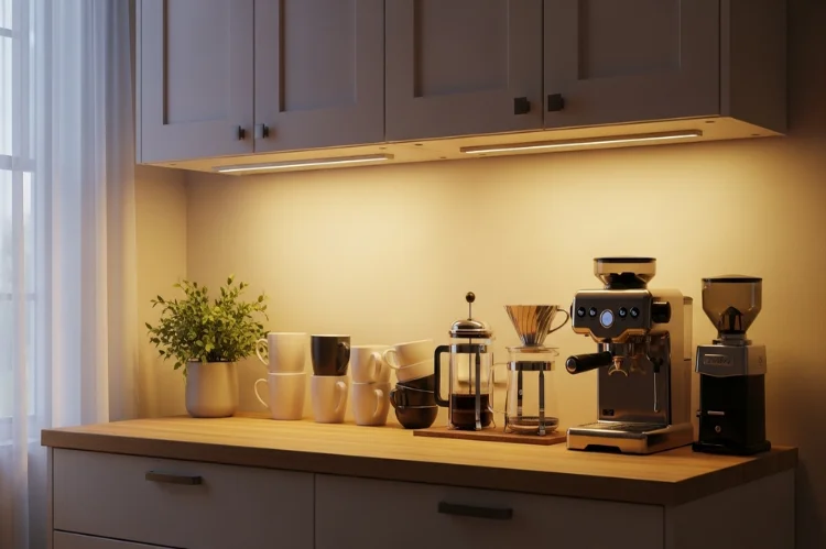 Coffee bar with warm LED strip lighting under cabinets, well-lit early morning setup, cozy and practical atmosphere.
