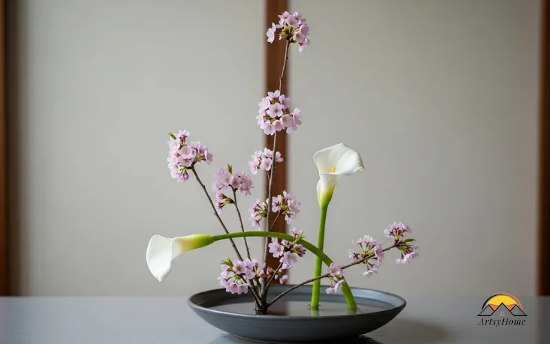 Ikebana flower arrangement with few stems in low bowl, Japanese style.