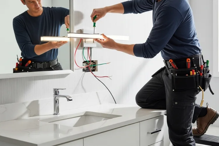 Electrician replacing bathroom vanity 