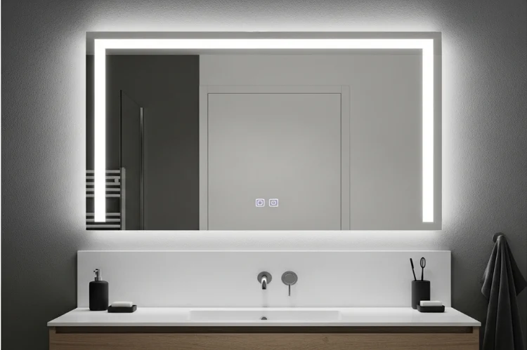 Smart bathroom mirror with built-in LED lighting around edges, anti-fog feature, sleek contemporary bathroom