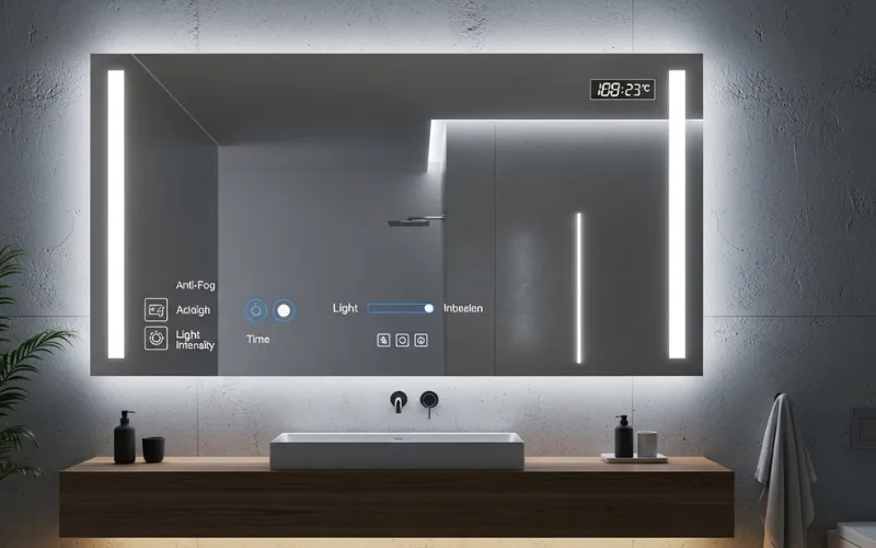 Smart bathroom mirror with built-in LED lighting edges, anti-fog feature, touch controls glowing, futuristic modern bathroom.