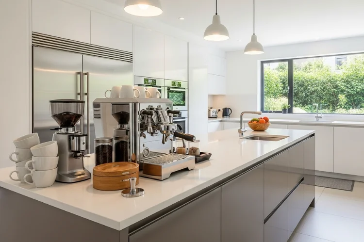 A kitchen island with a built-in coffee station, espresso setup on island end, modern open kitchen.