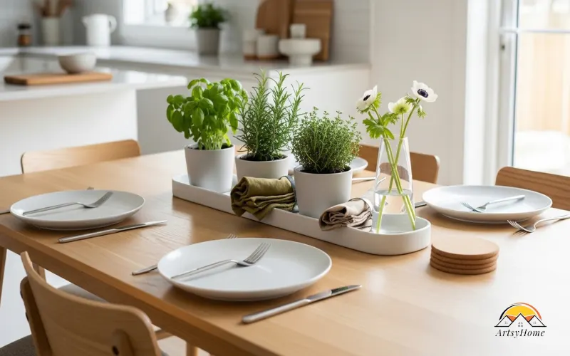 Bright kitchen table with simple functional centerpiece, modern casual style.