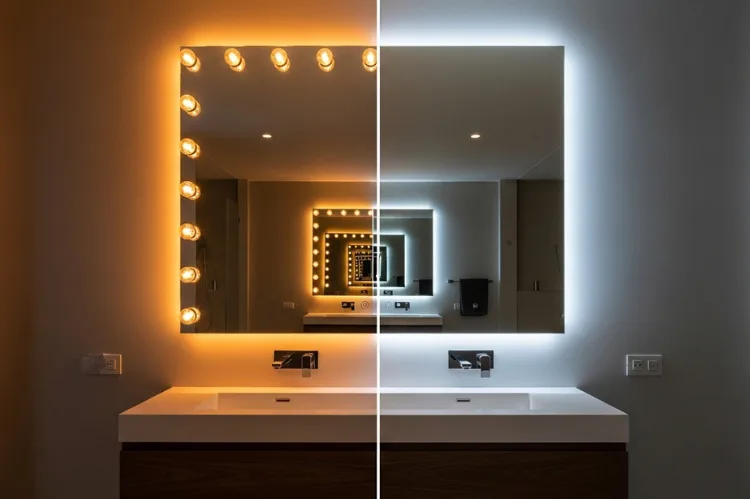 Modern bathroom vanity mirror split down the middle showing incandescent bulb lighting on one side and LED lighting on the other, equal brightness but LED side cleaner and more neutral