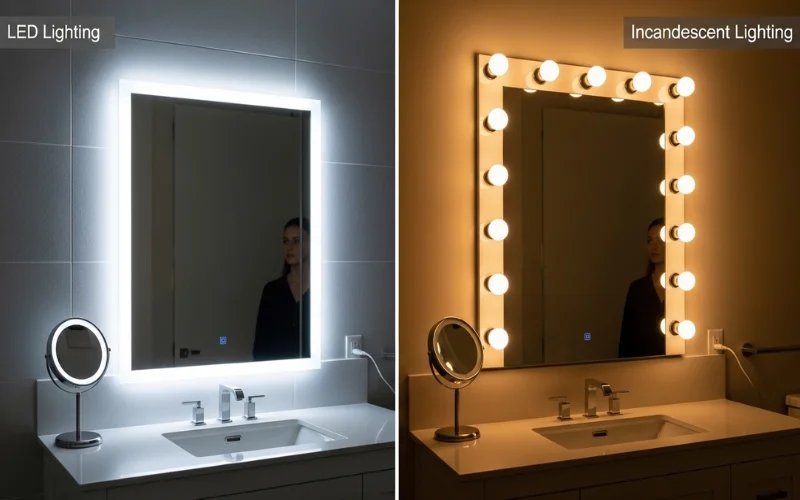 LED vs incandescent bulb comparison inside modern bathroom vanity.