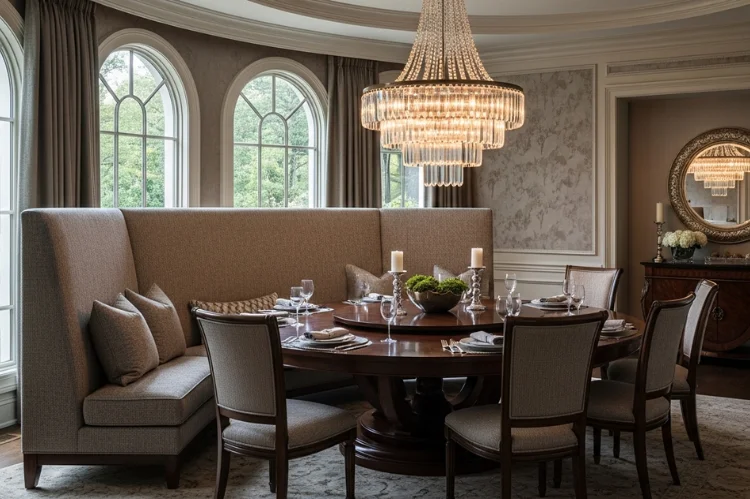 Large formal dining room with a curved high-back banquette, round wooden table, chandelier above, elegant.