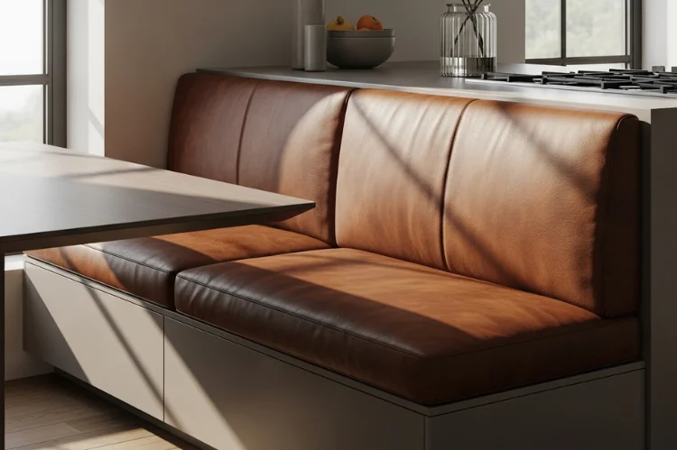 Brown leather banquette bench in modern kitchen, clean design, neutral wooden table, realistic leather texture.