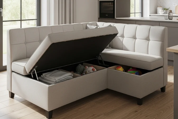 Banquette bench with hinged lift-up seats, one seat open showing a compartment with table linens and toys.