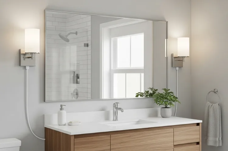 Plug-in wall sconces with cord cover installed beside bathroom mirror, rental-friendly lighting solution