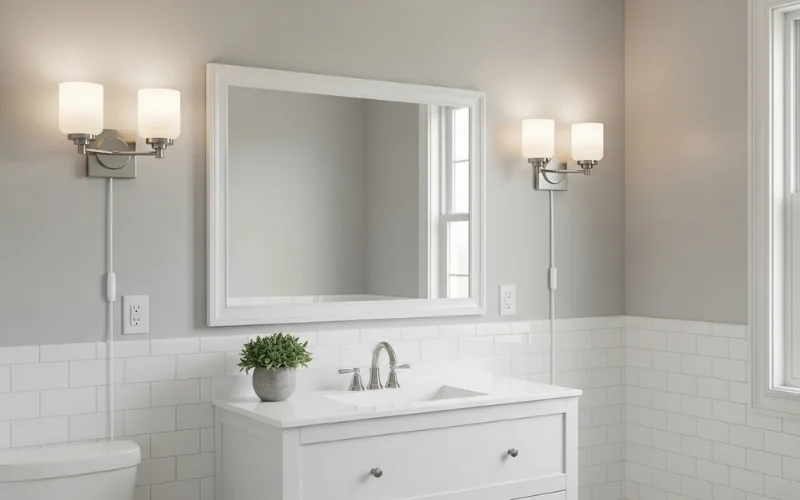 Plug-in wall sconces with visible cord cover in rental bathroom.