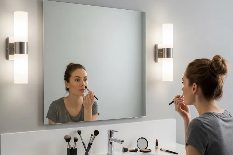 Woman applying makeup in bathroom mirror with two wall sconces on either side at eye level, 4000K neutral white lighting, accurate skin tone