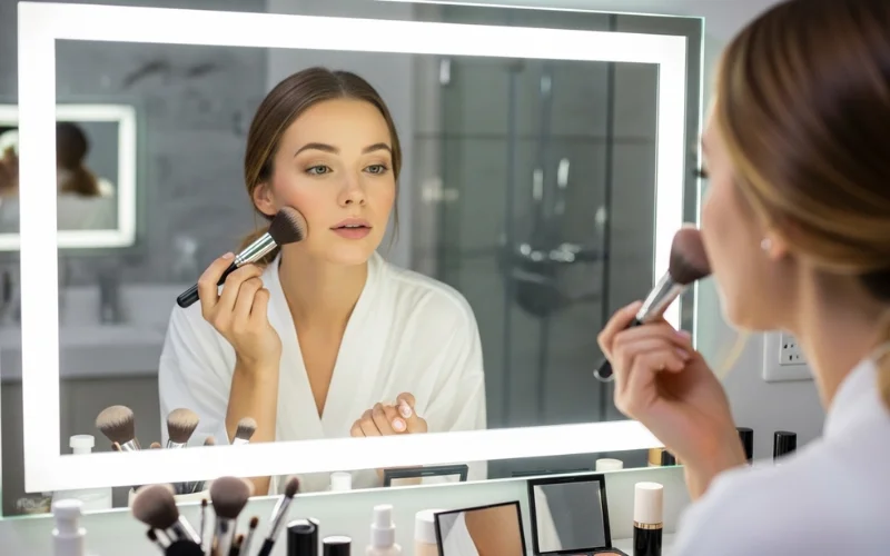 Woman applying makeup under neutral 4000K vanity lighting, shadow-free.