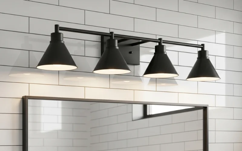 Matte black vanity lighting over white subway tile bathroom.