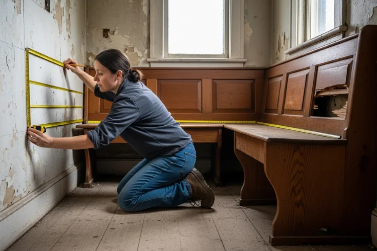 A homeowner measuring a banquette area multiple times at different heights in an old kitchen with uneven floors and crooked walls.