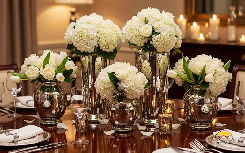 Mercury glass vases with white flowers on dining table, evening setting.