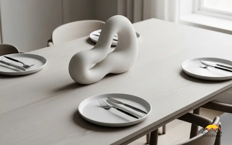 Minimal dining table with simple sculptural centerpiece, neutral tones.