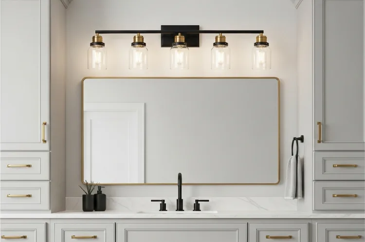Bathroom vanity featuring mixed metal lighting fixture (matte black frame with brushed gold accents), coordinating black faucet and brass drawer pulls