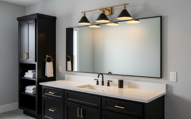 Bathroom vanity featuring black and brushed gold mixed metal light fixture.
