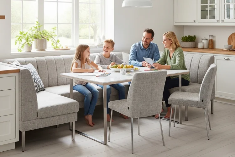 Corner banquette with chairs on the opposite side, modern dining table, family interacting, neutral upholstery, bright kitchen interior.