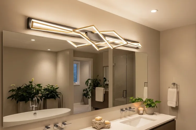Luxury modern bathroom with statement vanity lighting above mirror, matte black and brushed gold mixed metal fixture, sculptural geometric design, spa-inspired interior, warm neutral tones