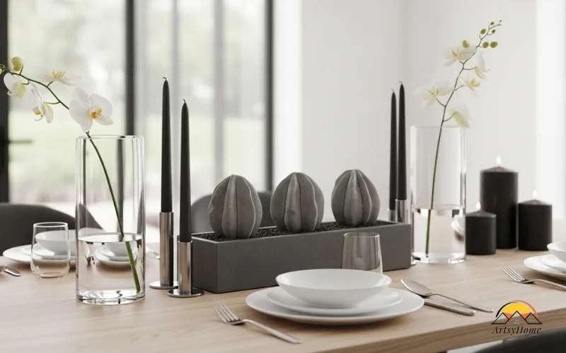 Modern dining table centerpiece with clean lines and minimal decor.