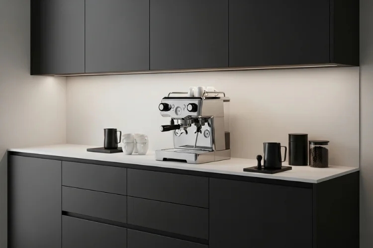 A modern minimalist coffee bar cabinet, matte black and white cabinetry, clean lines, espresso machine as focal point.