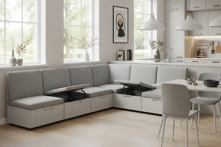 Modular L-shaped banquette seating with storage, individual bench modules connected, neutral cushions, modern kitchen interior.