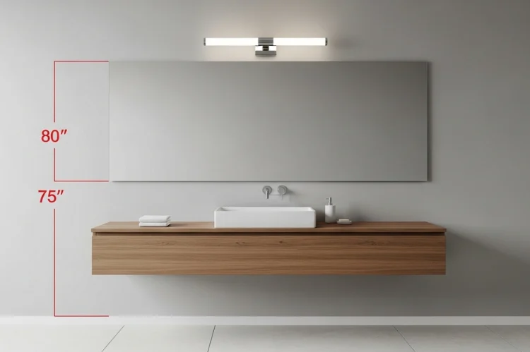 Modern bathroom vanity with vanity light mounted 3 to 8 inches above mirror, measurement markers showing 75 to 80 inches from floor, clean neutral bathroom, instructional layout style, realistic interior photography, 16:9 ratio
