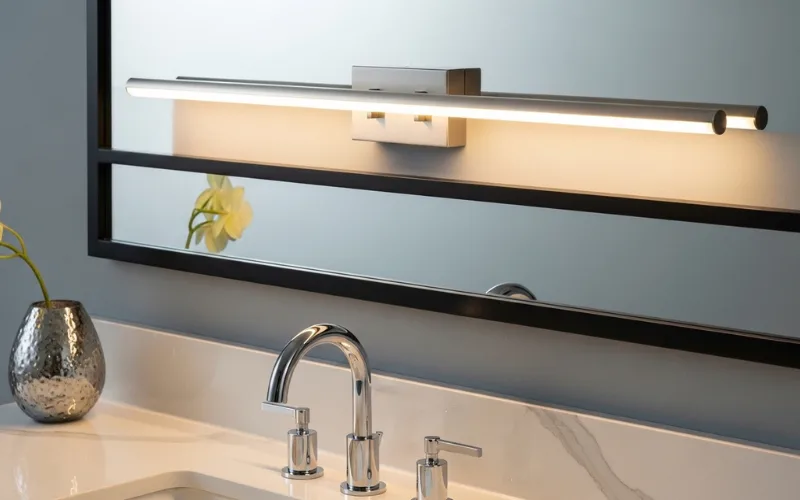 Vanity light mounted 3-8 inches above mirror frame, modern bathroom close-up.