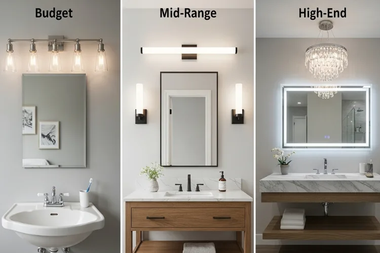 Bathroom vanity lighting comparison showing budget, mid-range, and high-end fixture styles side by side