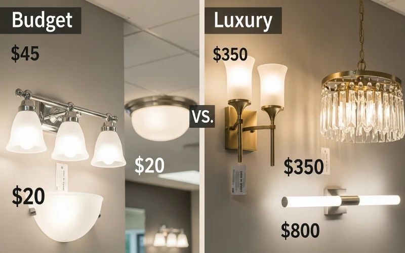 Bathroom lighting price comparison display, budget vs luxury fixtures.