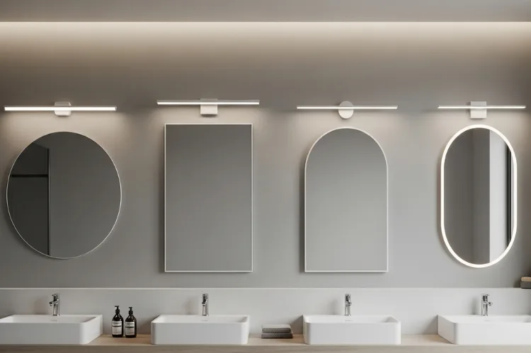 Bathroom wall displaying four mirror shapes (round, rectangular, arched, oval) each with appropriate lighting fixture above or beside, modern neutral bathroom interior, balanced soft lighting, clean comparison layout