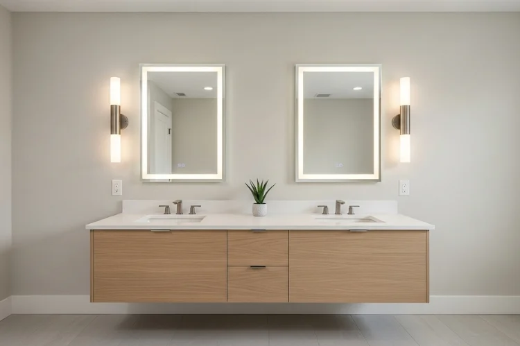 Modern double sink bathroom vanity with two mirrors and perfectly symmetrical matching vanity lights, soft balanced lighting on both sides, neutral contemporary interior