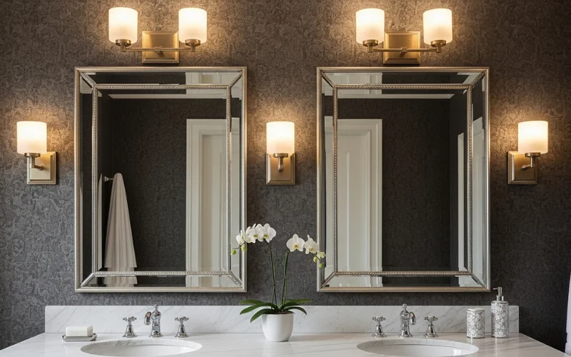 Four wall sconces around double mirrors, evenly spaced balanced layout.