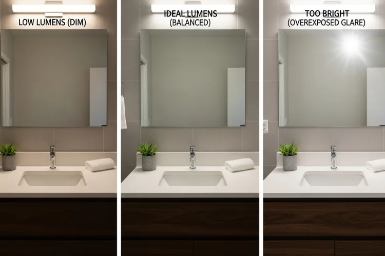 Bathroom vanity shown in three brightness levels: low lumens (dim), ideal lumens (balanced), too bright (overexposed glare), same bathroom scene side-by-side comparison