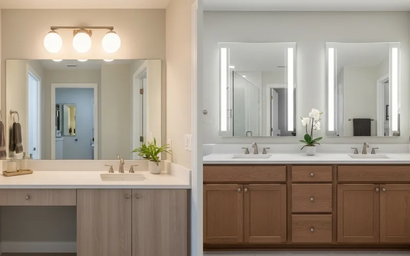 Bathroom lighting setup comparison single vanity vs double vanity brightness.